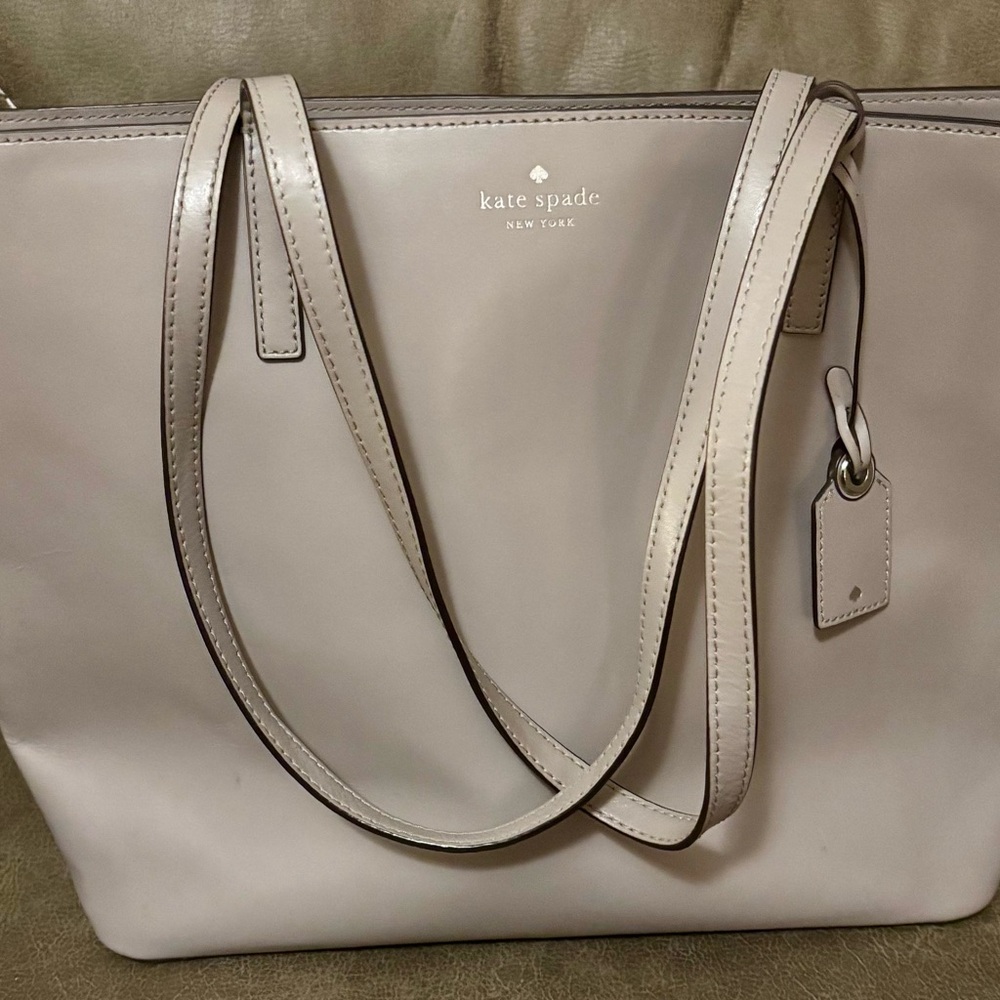 Kate Spade Taupe Leather Tote With Double Straps, Beige Lining, Silver Zipper